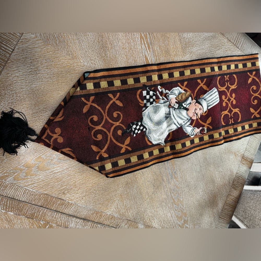 Chef With Wine Glass TABLE RUNNER  78” X 13” Tassels